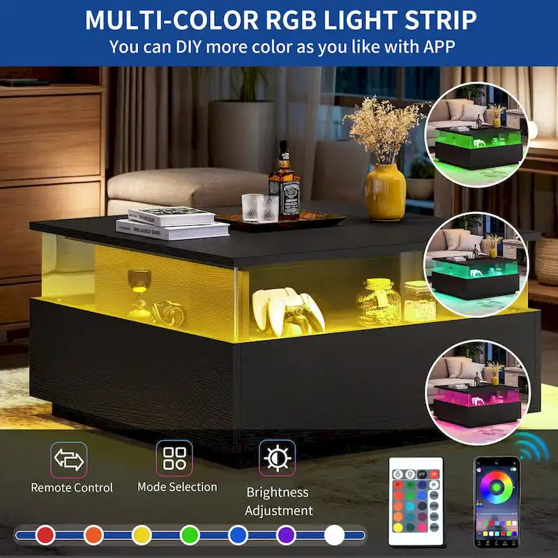 Table basse carrée moderne Moasis avec tiroirs et éclairage LED, table basse en acrylique et bois