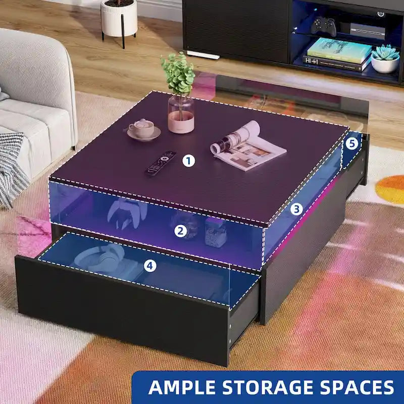 Table basse carrée moderne Moasis avec tiroirs et éclairage LED, table basse en acrylique et bois