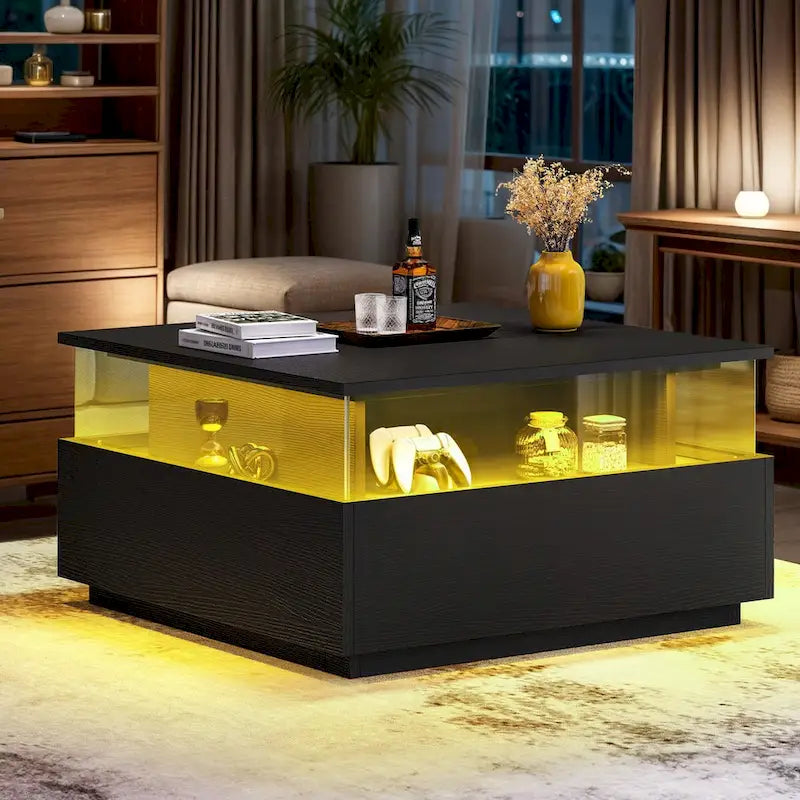 Table basse carrée moderne Moasis avec tiroirs et éclairage LED, table basse en acrylique et bois