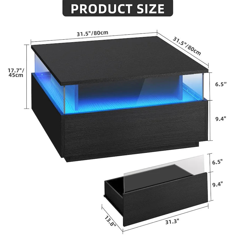 Table basse carrée moderne Moasis avec tiroirs et éclairage LED, table basse en acrylique et bois