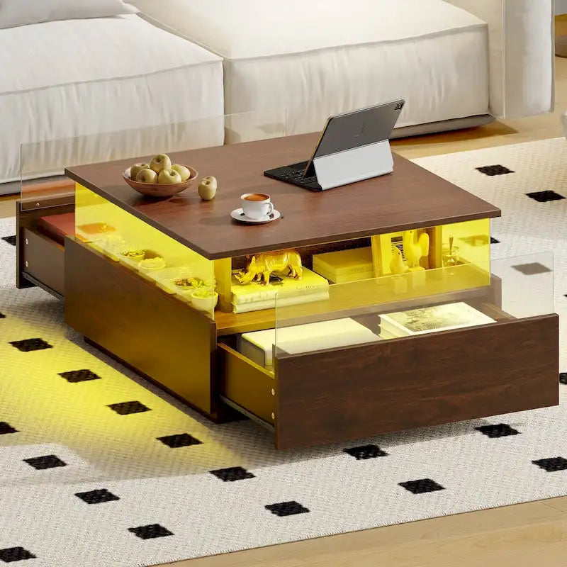 Table basse carrée moderne Moasis avec tiroirs et éclairage LED, table basse en acrylique et bois