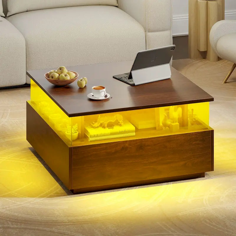 Table basse carrée moderne Moasis avec tiroirs et éclairage LED, table basse en acrylique et bois