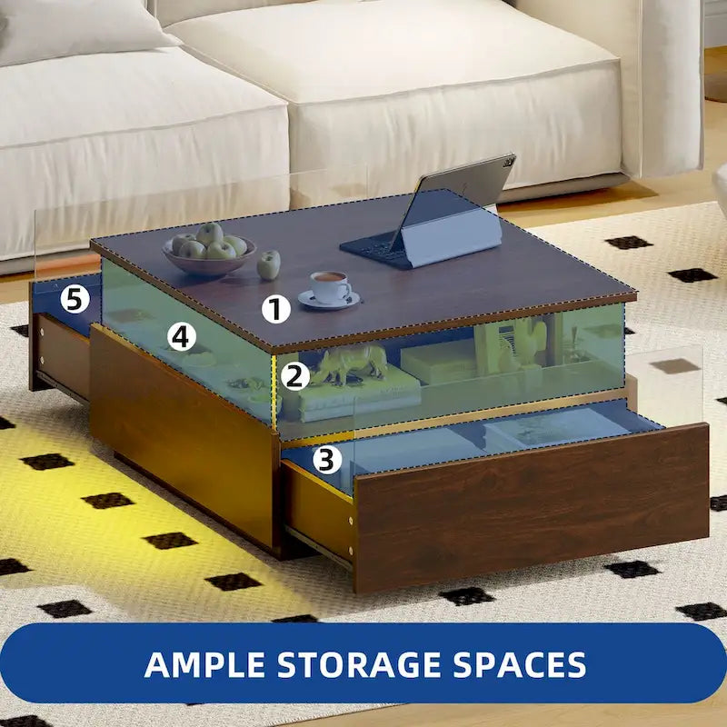 Table basse carrée moderne Moasis avec tiroirs et éclairage LED, table basse en acrylique et bois