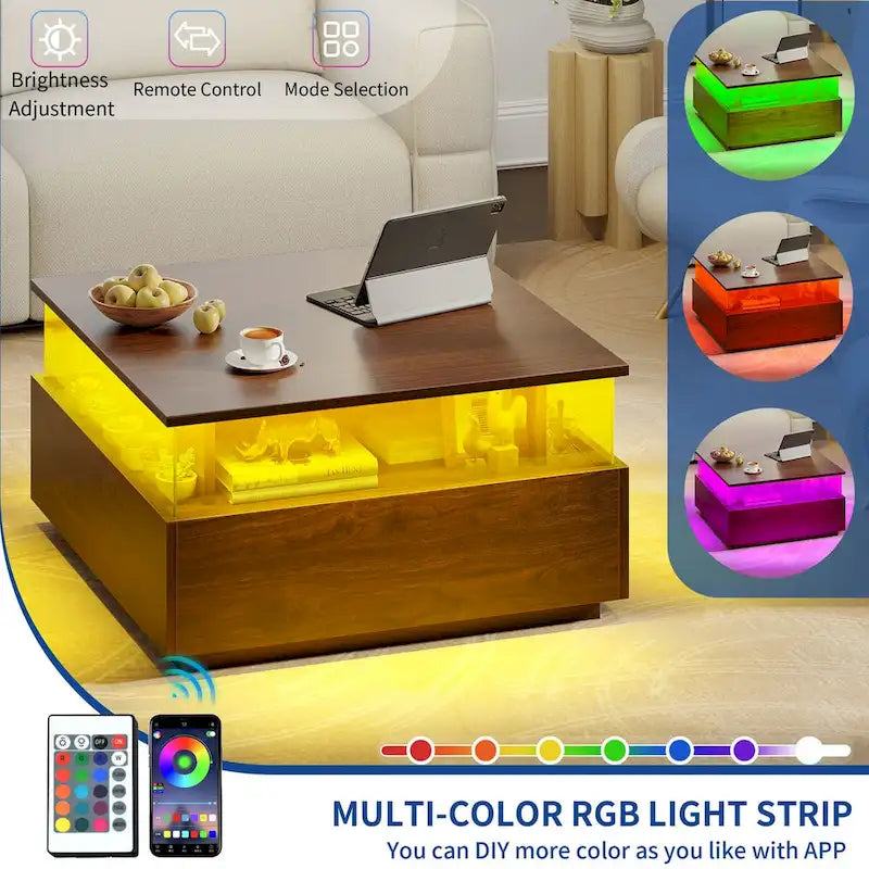 Table basse carrée moderne Moasis avec tiroirs et éclairage LED, table basse en acrylique et bois