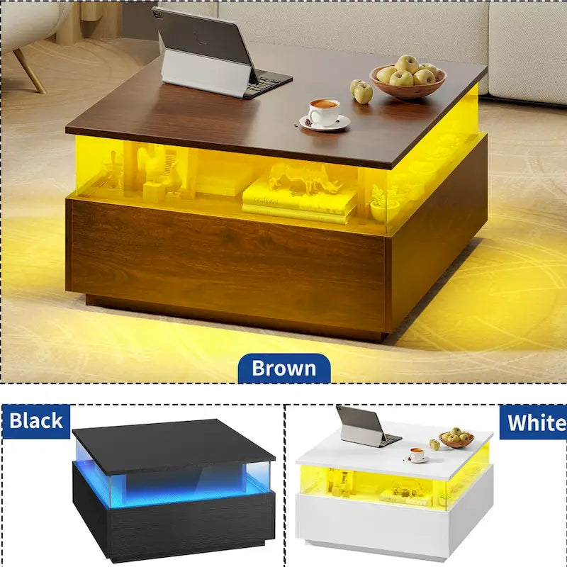 Table basse carrée moderne Moasis avec tiroirs et éclairage LED, table basse en acrylique et bois
