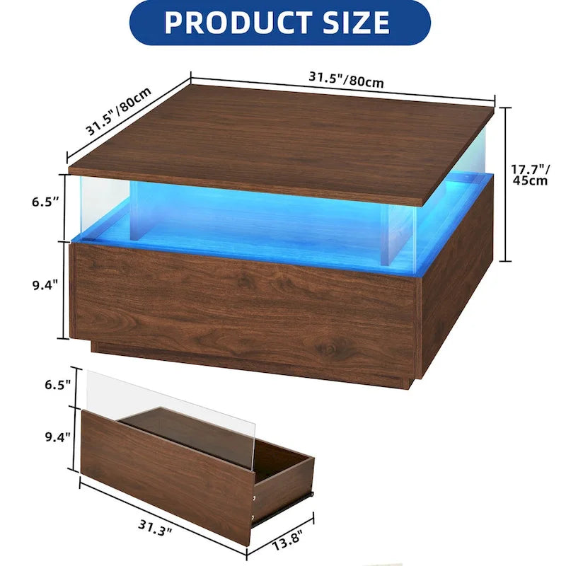 Table basse carrée moderne Moasis avec tiroirs et éclairage LED, table basse en acrylique et bois