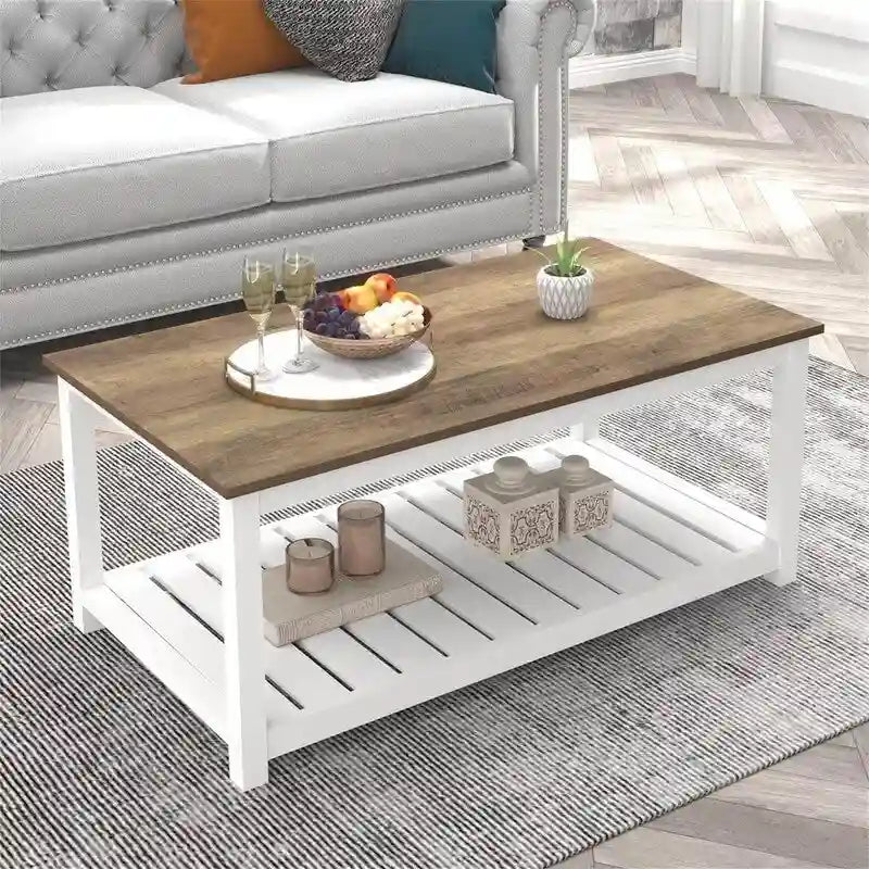 Table basse de style campagnard avec étagère de rangement - 55 cm (P) x 100 cm (L) x 45 cm (H)