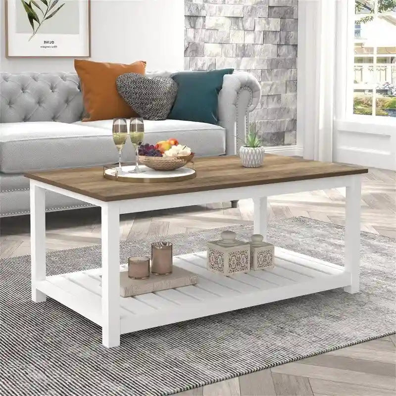 Table basse de style campagnard avec étagère de rangement - 55 cm (P) x 100 cm (L) x 45 cm (H)