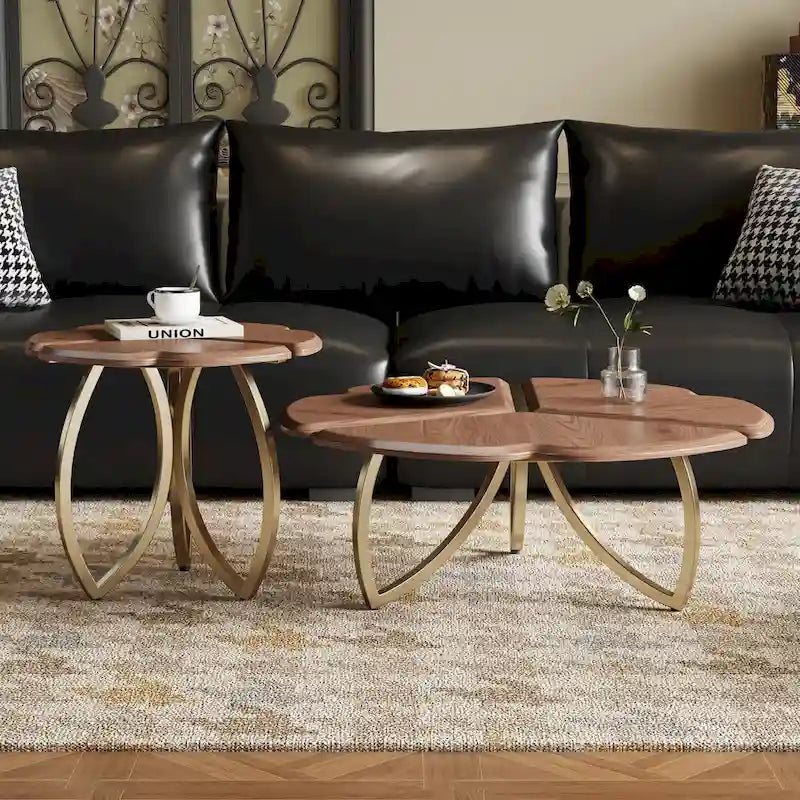 Ensemble de 2 tables basses gigognes rondes style milieu du siècle, finition noyer - 39,8 cm (L) x 39,8 cm (l) x 15 cm (H)