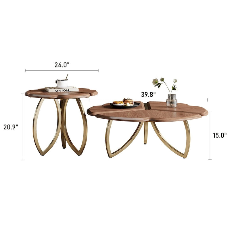 Ensemble de 2 tables basses gigognes rondes style milieu du siècle, finition noyer - 39,8 cm (L) x 39,8 cm (l) x 15 cm (H)