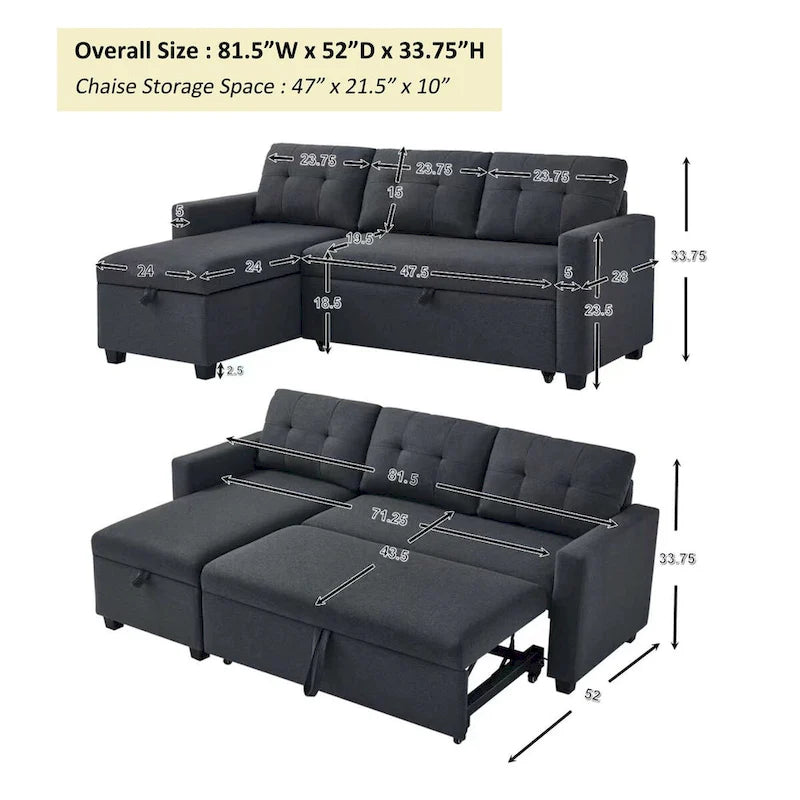 Canapé-lit convertible en forme de L avec 3 coussins de dossier confortables et amovibles