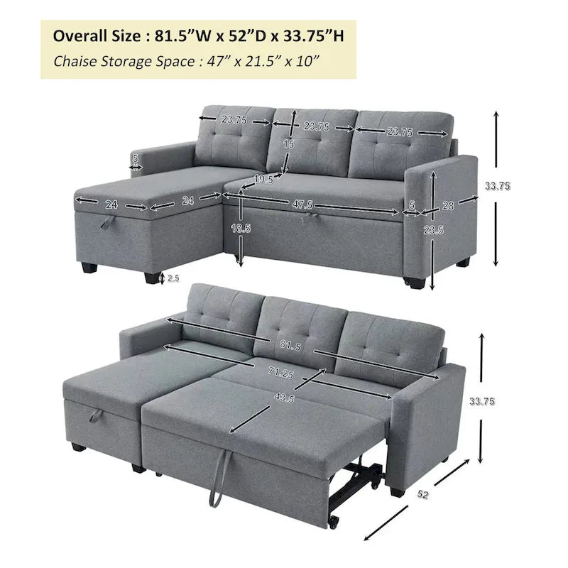 Canapé-lit convertible en forme de L avec 3 coussins de dossier confortables et amovibles