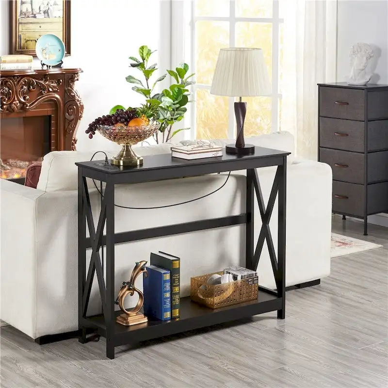 Table console étroite à 2 niveaux Yaheetech avec prise électrique, style industriel