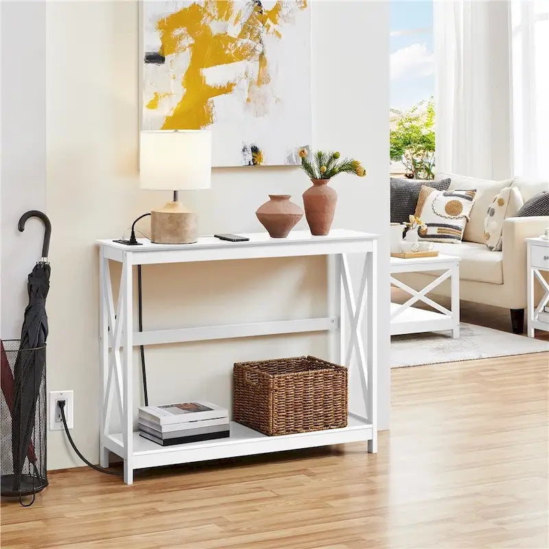 Table console étroite à 2 niveaux Yaheetech avec prise électrique, style industriel
