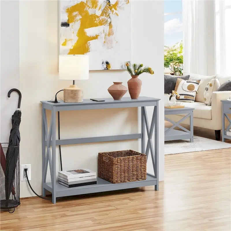 Table console étroite à 2 niveaux Yaheetech avec prise électrique, style industriel