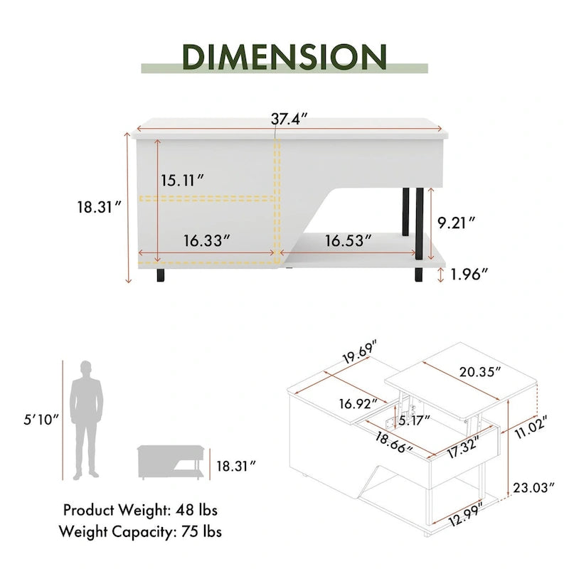 Table basse moderne DH BASIC de 94 cm (37 pouces) avec plateau relevable, éclairage LED 16 couleurs et étagère réglable