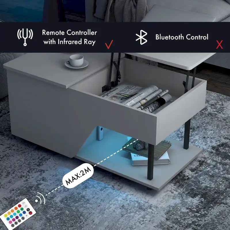 Table basse moderne DH BASIC de 94 cm (37 pouces) avec plateau relevable, éclairage LED 16 couleurs et étagère réglable