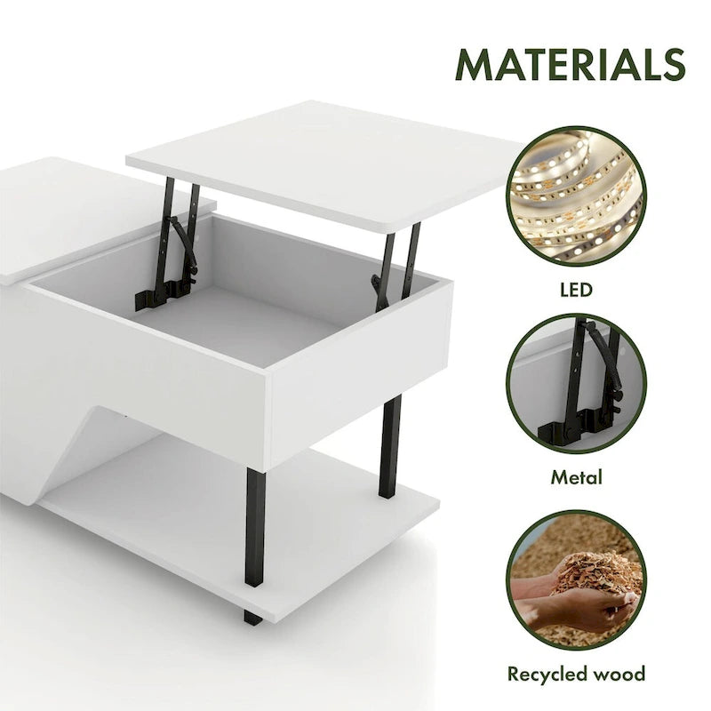 Table basse moderne DH BASIC de 94 cm (37 pouces) avec plateau relevable, éclairage LED 16 couleurs et étagère réglable