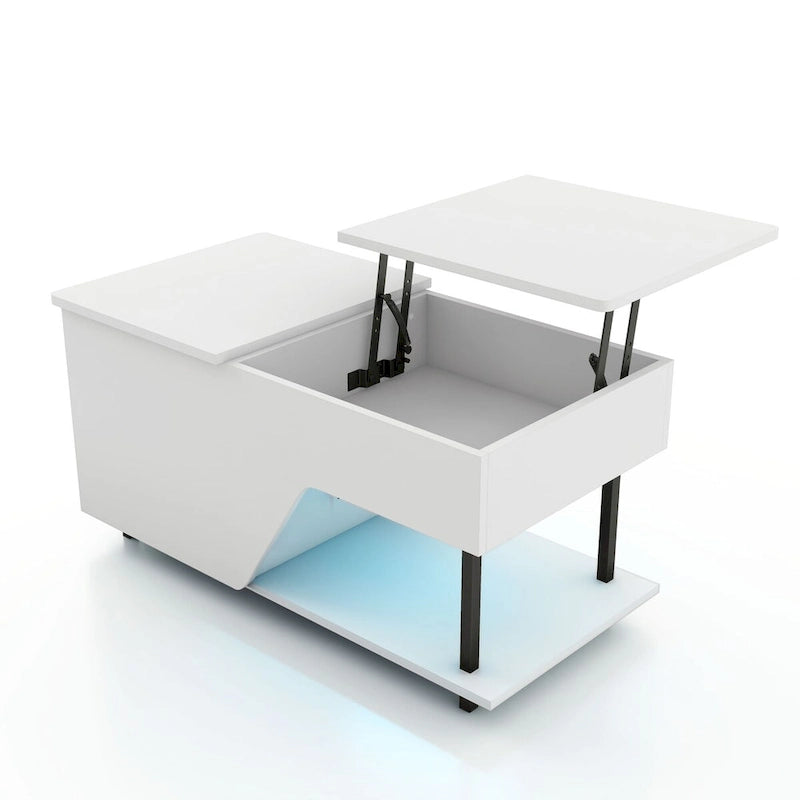 Table basse moderne DH BASIC de 94 cm (37 pouces) avec plateau relevable, éclairage LED 16 couleurs et étagère réglable