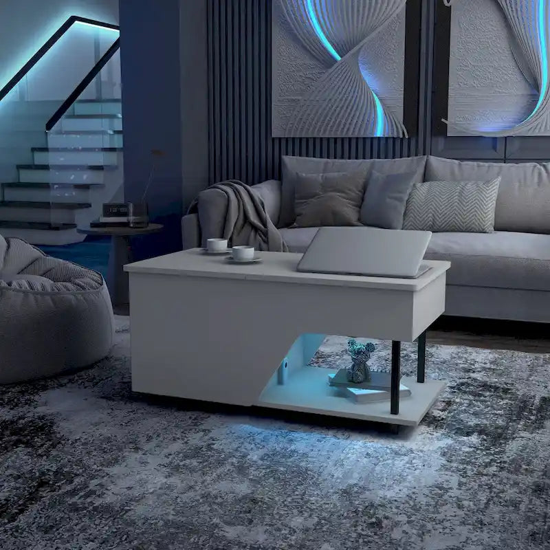 Table basse moderne DH BASIC de 94 cm (37 pouces) avec plateau relevable, éclairage LED 16 couleurs et étagère réglable