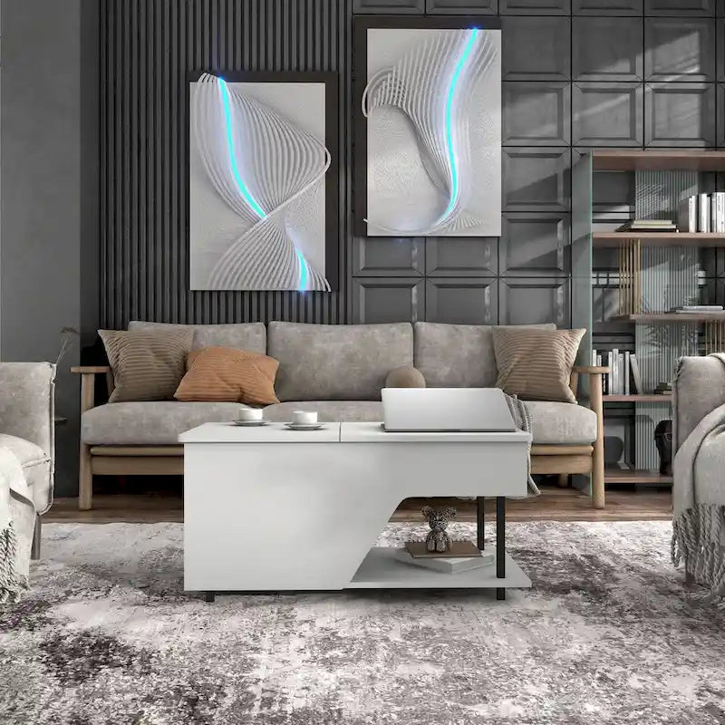 Table basse moderne DH BASIC de 94 cm (37 pouces) avec plateau relevable, éclairage LED 16 couleurs et étagère réglable