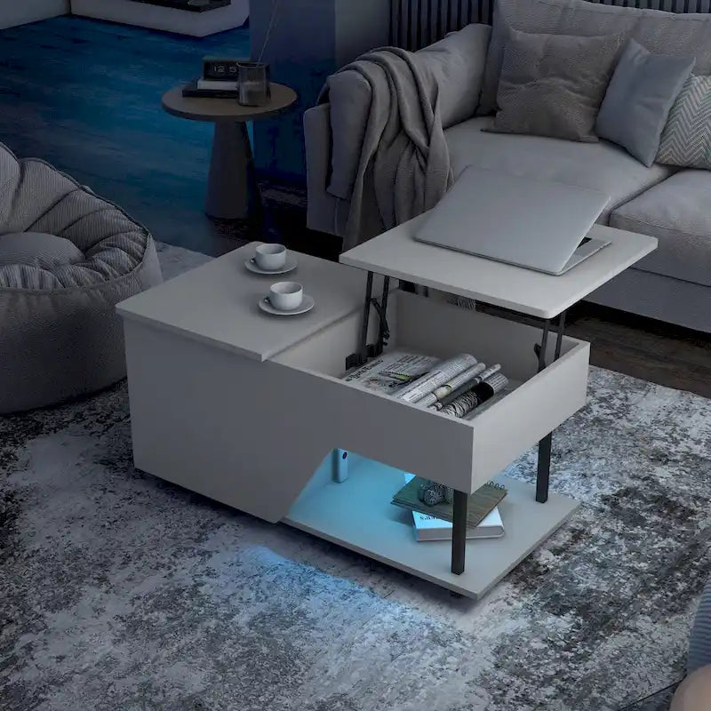 Table basse moderne DH BASIC de 94 cm (37 pouces) avec plateau relevable, éclairage LED 16 couleurs et étagère réglable