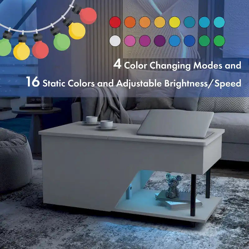 Table basse moderne DH BASIC de 94 cm (37 pouces) avec plateau relevable, éclairage LED 16 couleurs et étagère réglable