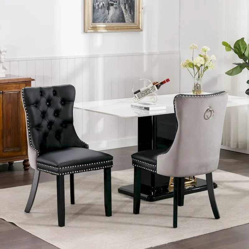 Ensemble de 2 chaises de salle à manger rembourrées en PU et velours avec garniture cloutée et pieds en bois