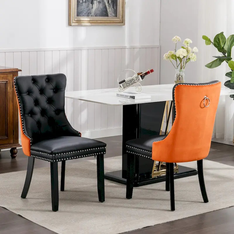 Ensemble de 2 chaises de salle à manger rembourrées en PU et velours avec garniture cloutée et pieds en bois