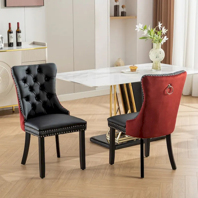 Ensemble de 2 chaises de salle à manger rembourrées en PU et velours avec garniture cloutée et pieds en bois