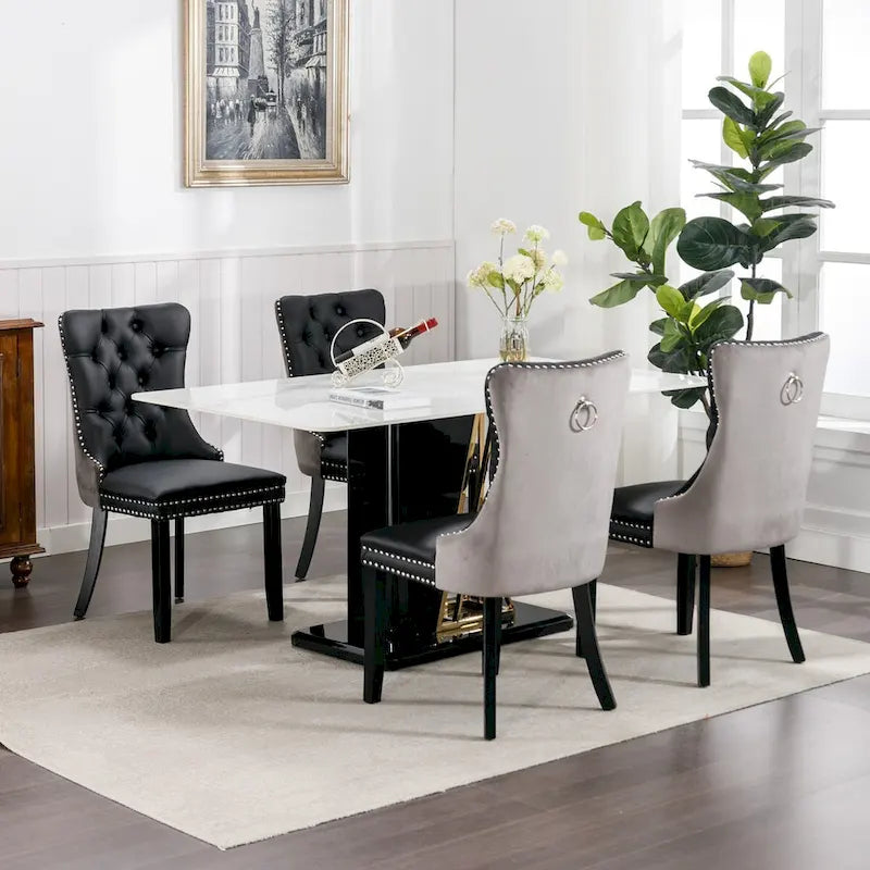 Ensemble de 2 chaises de salle à manger rembourrées en PU et velours avec garniture cloutée et pieds en bois