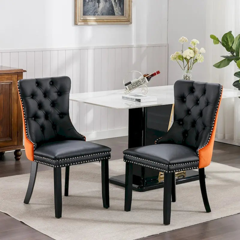 Ensemble de 2 chaises de salle à manger rembourrées en PU et velours avec garniture cloutée et pieds en bois