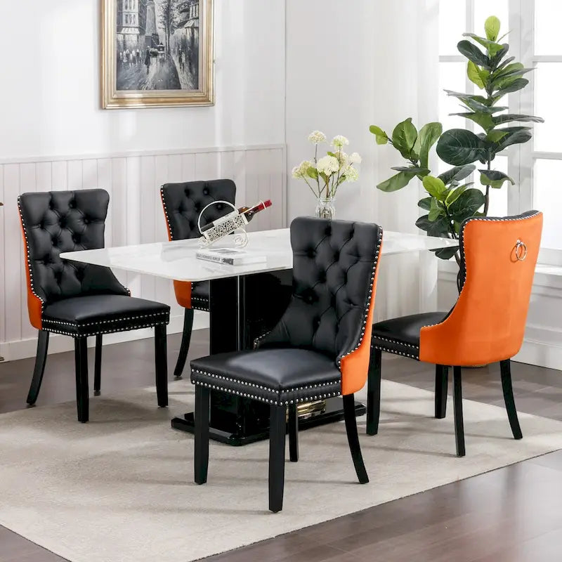 Ensemble de 2 chaises de salle à manger rembourrées en PU et velours avec garniture cloutée et pieds en bois