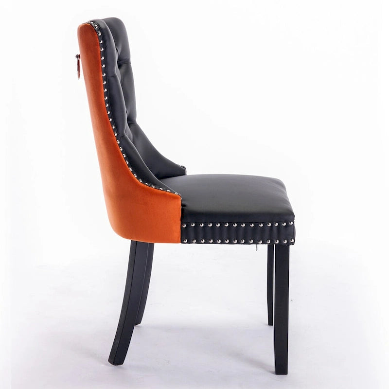 Ensemble de 2 chaises de salle à manger rembourrées en PU et velours avec garniture cloutée et pieds en bois
