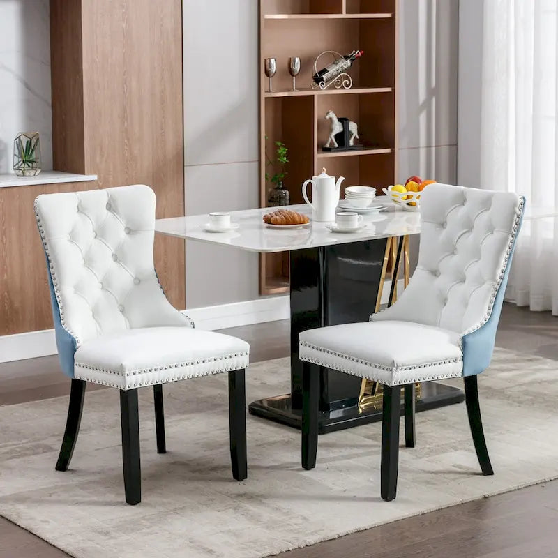 Ensemble de 2 chaises de salle à manger rembourrées en PU et velours avec garniture cloutée et pieds en bois