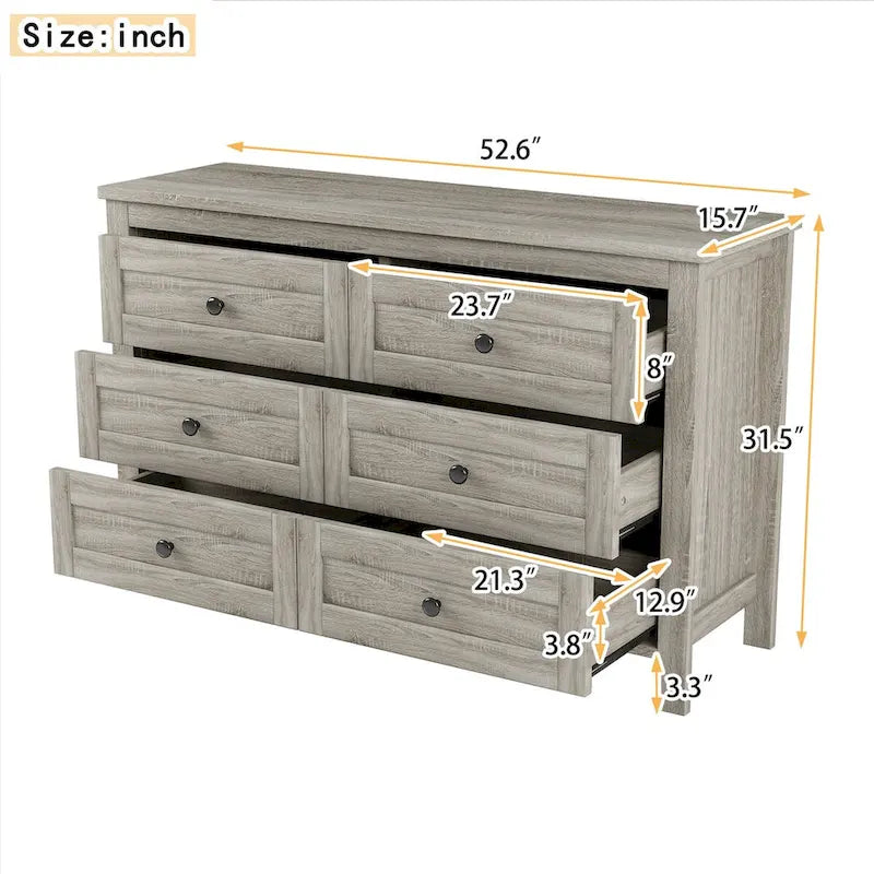 Commode en bois de style ferme rétro avec 6 tiroirs, meuble de rangement pour chambre à coucher
