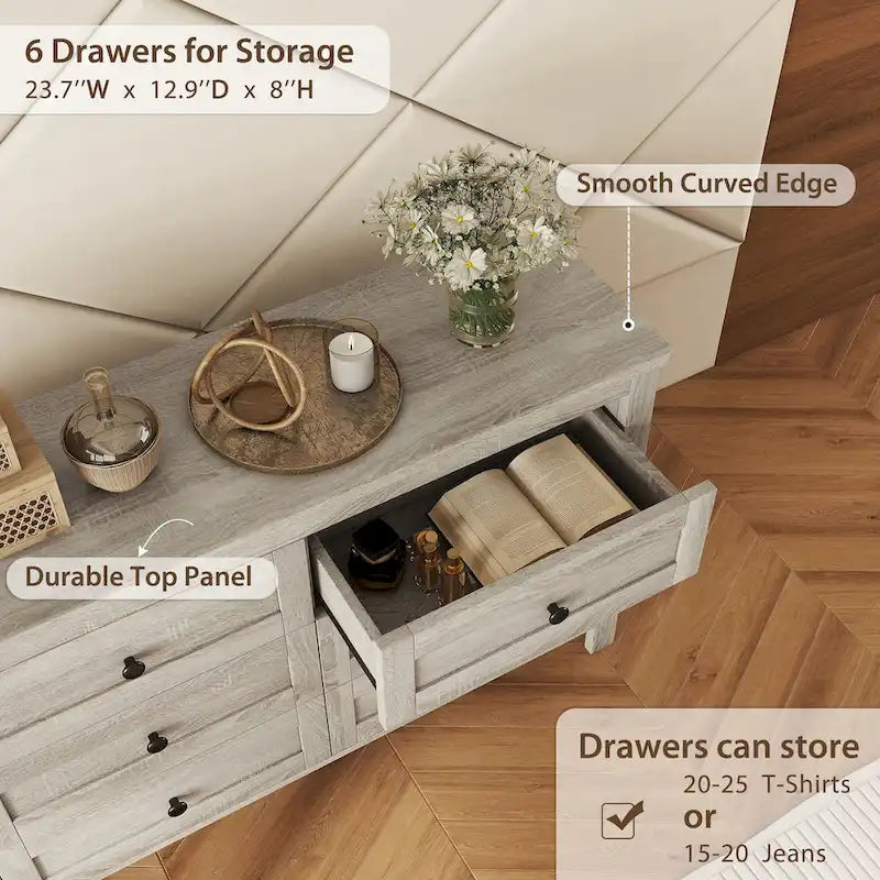 Commode en bois de style ferme rétro avec 6 tiroirs, meuble de rangement pour chambre à coucher