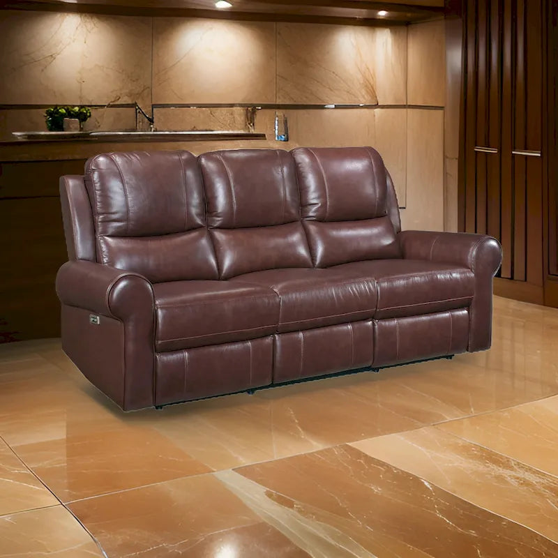 Canapé inclinable électrique double Michael de 208 cm (82 pouces), port USB, cuir pleine fleur marron