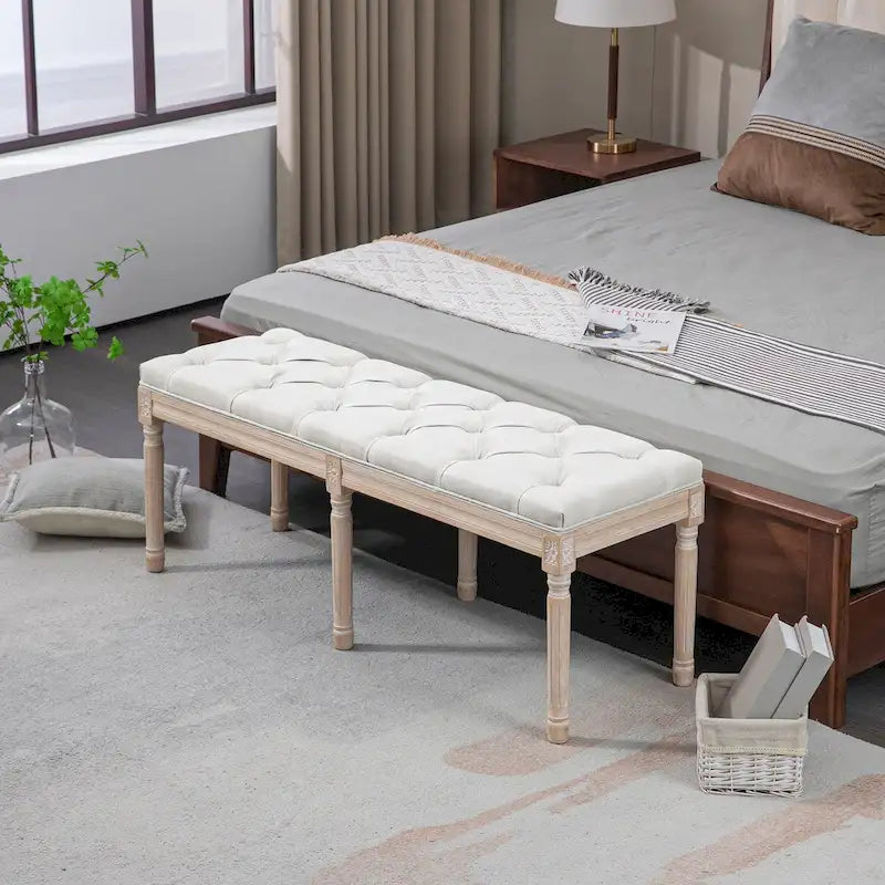 HOMCOM 46 Banc de chevet capitonné blanc crème, avec rembourrage épais et pieds en bois