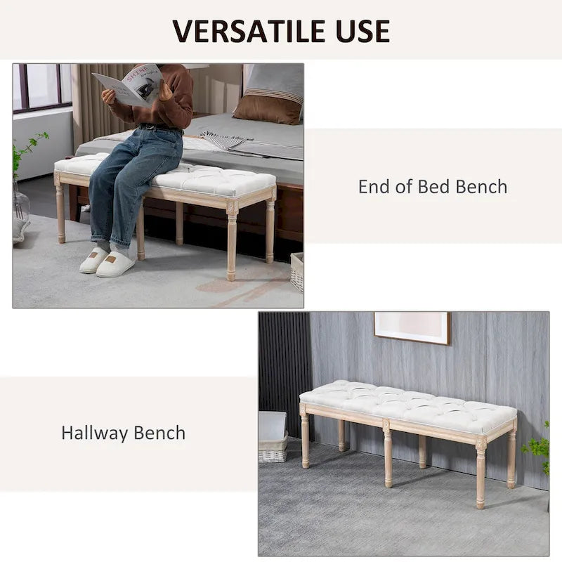 HOMCOM 46 Banc de chevet capitonné blanc crème, avec rembourrage épais et pieds en bois