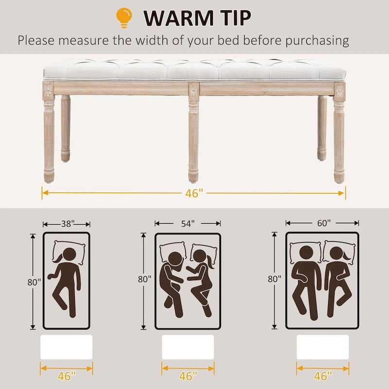 HOMCOM 46 Banc de chevet capitonné blanc crème, avec rembourrage épais et pieds en bois