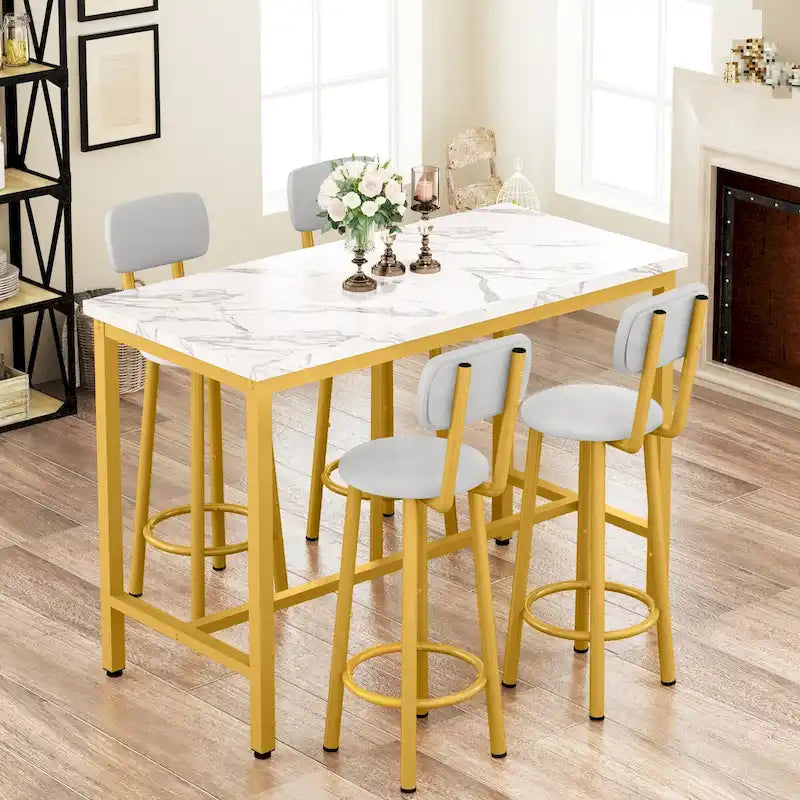 Ensemble de salle à manger Mieres style moderne 5 pièces, table de bar avec plateau en faux marbre et 4 tabourets de bar rembourrés