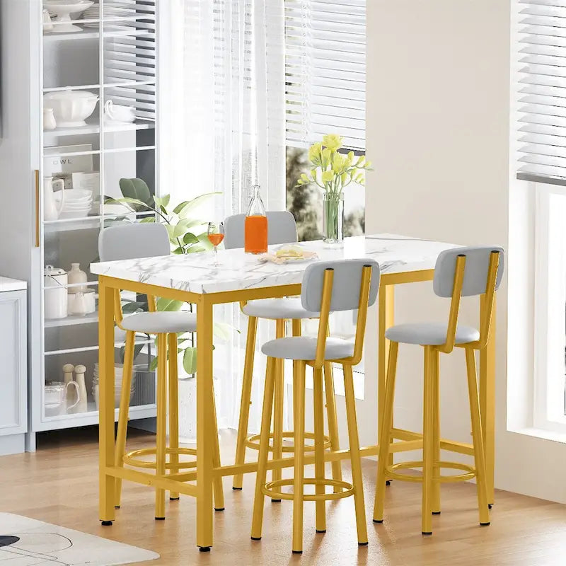 Ensemble de salle à manger Mieres style moderne 5 pièces, table de bar avec plateau en faux marbre et 4 tabourets de bar rembourrés