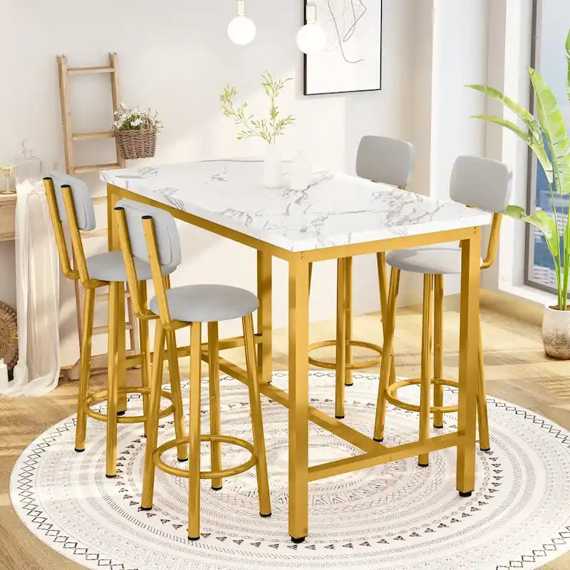 Ensemble de salle à manger Mieres style moderne 5 pièces, table de bar avec plateau en faux marbre et 4 tabourets de bar rembourrés