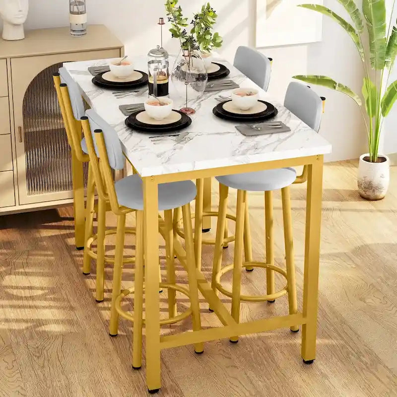 Ensemble de salle à manger Mieres style moderne 5 pièces, table de bar avec plateau en faux marbre et 4 tabourets de bar rembourrés