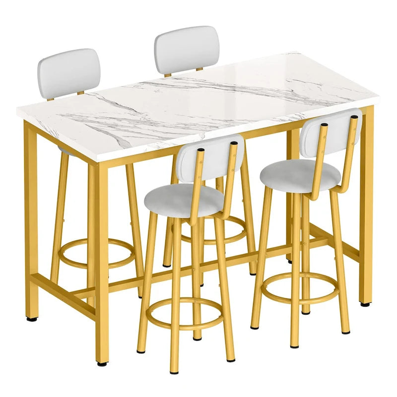 Ensemble de salle à manger Mieres style moderne 5 pièces, table de bar avec plateau en faux marbre et 4 tabourets de bar rembourrés