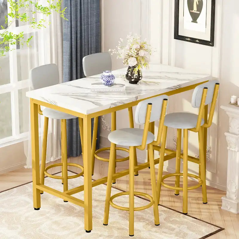 Ensemble de salle à manger Mieres style moderne 5 pièces, table de bar avec plateau en faux marbre et 4 tabourets de bar rembourrés