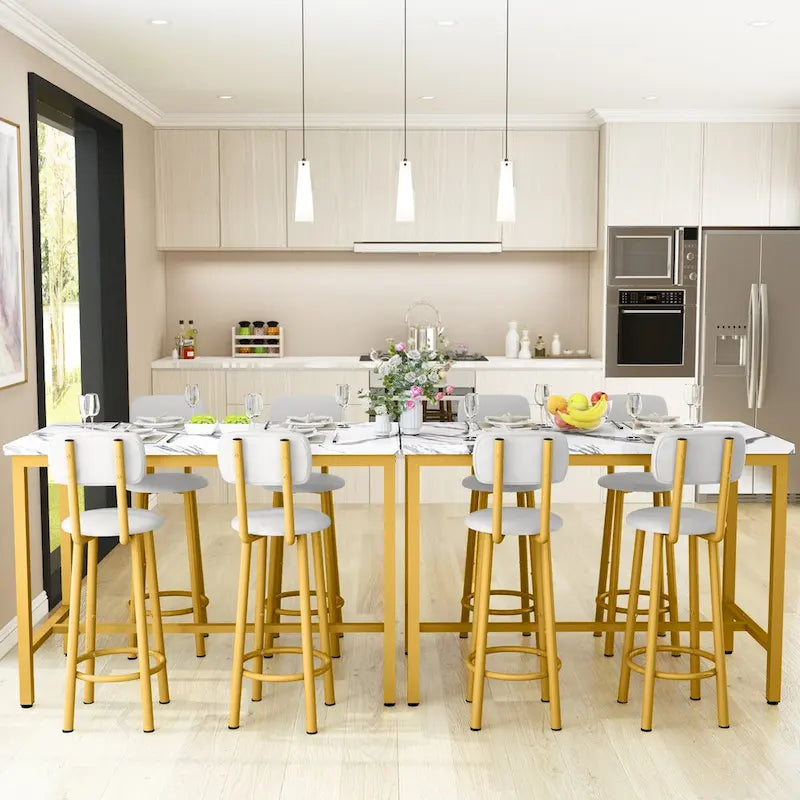 Ensemble de salle à manger Mieres style moderne 5 pièces, table de bar avec plateau en faux marbre et 4 tabourets de bar rembourrés