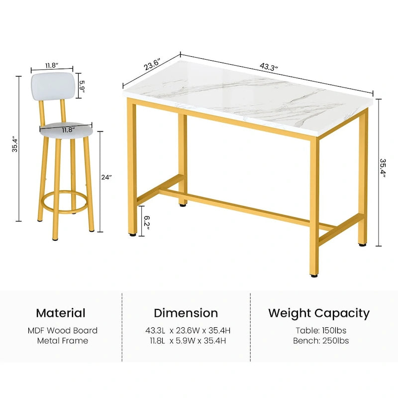 Ensemble de salle à manger Mieres style moderne 5 pièces, table de bar avec plateau en faux marbre et 4 tabourets de bar rembourrés