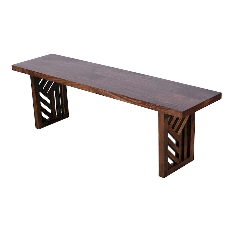Banc de salle à manger Rise 58 pouces, piètement géométrique, motif grain de bois, bois brun